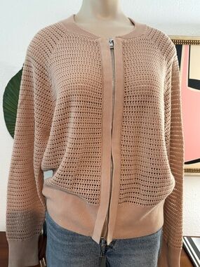 Varley Pink-Beige Open Weave Zip Cardigan